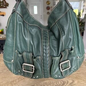 Tignanello Green Leather Hobo Bag Braided Detail Buckle Pockets Shoulder Bag